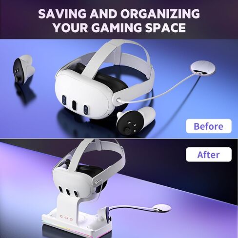قاعدة شحن لـ Oculus/Meta Quest 3 مع ضوء RGB، محطة شحن سماعة الرأس VR مع شحن سريع USB-C، ملحقات حامل عرض سماعة الرأس ووحدة التحكم مع بطاريتين قابلتين لإعادة الشحن بقدرة 1800 مللي أمبير في الساعة in Kuwait
