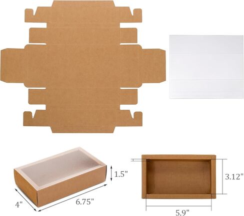 Kingrol 40 عبوة من صناديق أدراج ورق الكرافت مع نافذة، 6.75 × 4 × 1.5 بوصة، صناديق بسكويت شفافة، صندوق تغليف صغير للمخبز، الصابون محلي الصنع، هدايا الحفلات in Kuwait