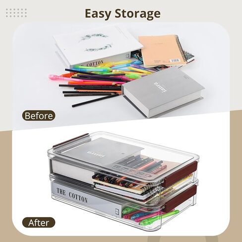 حافظات مشاريع محمولة، صندوق تخزين ملفات بلاستيكي مع أغطية، حاويات شفافة قابلة للتكديس لمستندات الصور والقرطاسية مع مزلاج من النوع المفاجئ، 14.4 × 9.3 × 2.6 بوصة، قطعتان in Kuwait