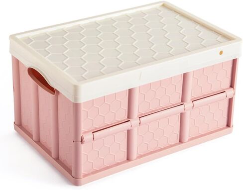 Foldable Storage Bins with Lids and Wheel Plastic Collapsible Storage Box Portable Stackable Grocery Books Container Folding Latching Storage Crate with Removable Pulley (Pink, S) in Saudi Arabia