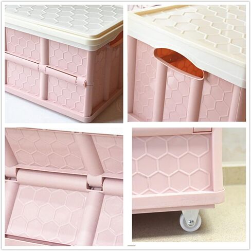 Foldable Storage Bins with Lids and Wheel Plastic Collapsible Storage Box Portable Stackable Grocery Books Container Folding Latching Storage Crate with Removable Pulley (Pink, S) in Saudi Arabia