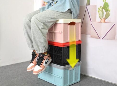 Foldable Storage Bins with Lids and Wheel Plastic Collapsible Storage Box Portable Stackable Grocery Books Container Folding Latching Storage Crate with Removable Pulley (Pink, S) in Saudi Arabia