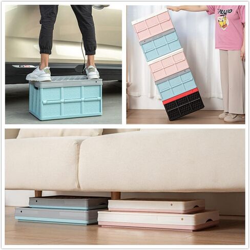 Foldable Storage Bins with Lids and Wheel Plastic Collapsible Storage Box Portable Stackable Grocery Books Container Folding Latching Storage Crate with Removable Pulley (Pink, S) in Saudi Arabia