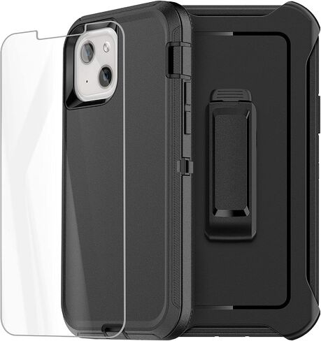 AICase لهاتف iPhone 13/iPhone 14 مع حافظة بمشبك حزام، وواقي شاشة، وحافظة هاتف واقية شديدة التحمل، حماية كاملة للجسم من الدرجة العسكرية ضد الصدمات/الغبار/السقوط غطاء متين متين (أسود) in Saudi Arabia