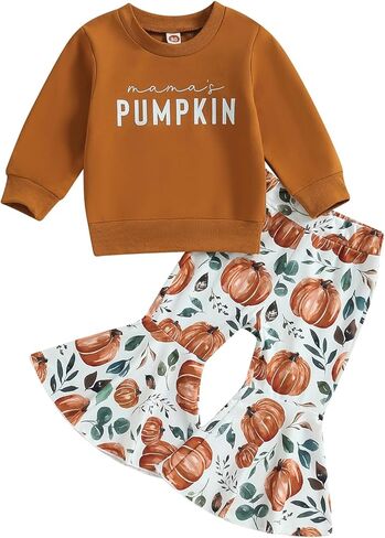Toddler Baby Girl Halloween Outfit Long Sleeve Sweatshirt Tops Pumpkin Bell-Bottom Pants 2Pcs Fall Clothes Set (Brown,3-4 Years) in Kuwait