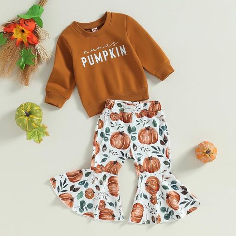 Toddler Baby Girl Halloween Outfit Long Sleeve Sweatshirt Tops Pumpkin Bell-Bottom Pants 2Pcs Fall Clothes Set (Brown,3-4 Years) in Kuwait