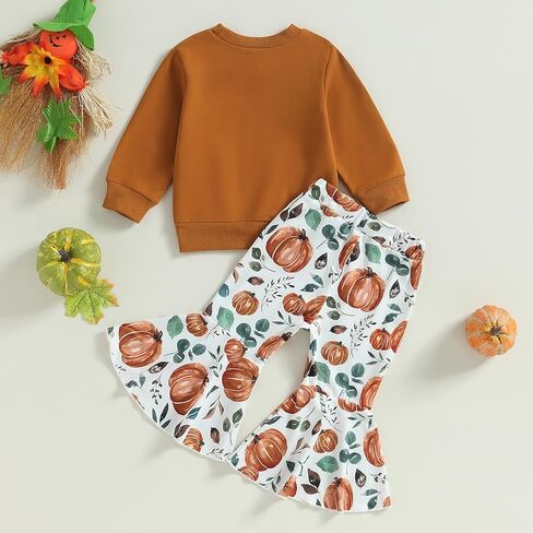 Toddler Baby Girl Halloween Outfit Long Sleeve Sweatshirt Tops Pumpkin Bell-Bottom Pants 2Pcs Fall Clothes Set (Brown,3-4 Years) in Kuwait