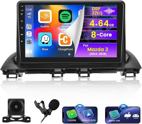Roinvou 8 النوى 4+64G ترقية راديو Android لمازدا 3 2014-2018، شاشة لمس عالية الدقة 9 بوصة مع CarPlay اللاسلكي Android Auto GPS Navigation WiFi Backup Camera Mirror Link Bluetooth Mic FM RDS in Saudi Arabia