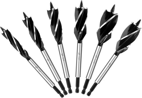 6Pcs Auger Drill Bit for Wood Set, 1/2", 5/8", 3/4", 7/8", 1" and 1-1/8" Size, 4 Flute Impact Wood Drill Bit with Hex Shank Quick Change for Hardwood and softwood, Plastic in Saudi Arabia