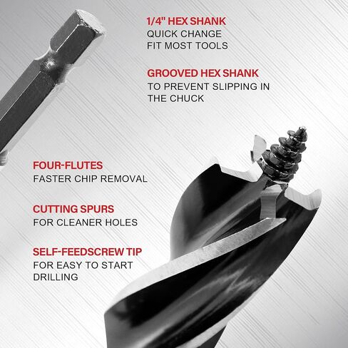 6Pcs Auger Drill Bit for Wood Set, 1/2", 5/8", 3/4", 7/8", 1" and 1-1/8" Size, 4 Flute Impact Wood Drill Bit with Hex Shank Quick Change for Hardwood and softwood, Plastic in Saudi Arabia