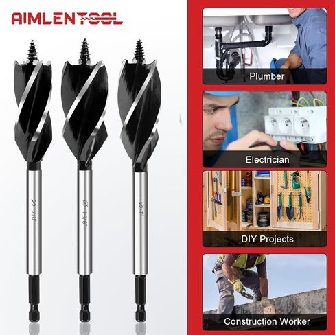 6Pcs Auger Drill Bit for Wood Set, 1/2", 5/8", 3/4", 7/8", 1" and 1-1/8" Size, 4 Flute Impact Wood Drill Bit with Hex Shank Quick Change for Hardwood and softwood, Plastic in Saudi Arabia