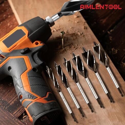 6Pcs Auger Drill Bit for Wood Set, 1/2", 5/8", 3/4", 7/8", 1" and 1-1/8" Size, 4 Flute Impact Wood Drill Bit with Hex Shank Quick Change for Hardwood and softwood, Plastic in Saudi Arabia