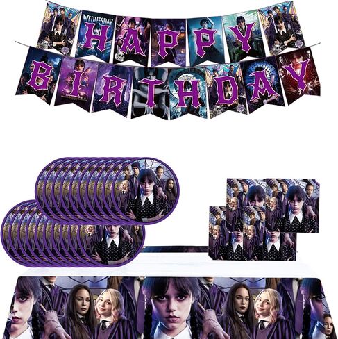 Wednesday Addams Birthday Party Supplies-42pcs Wednesday Movie Tableware Party Supplies Includes Wednesday Party Plates, Napkins Tablecloth&Banner for Boys/ Girls Kids Birthday Party Decor in Saudi Arabia