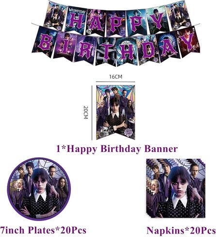 Wednesday Addams Birthday Party Supplies-42pcs Wednesday Movie Tableware Party Supplies Includes Wednesday Party Plates, Napkins Tablecloth&Banner for Boys/ Girls Kids Birthday Party Decor in Saudi Arabia