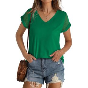 Aokosor Womens Tops Summer V Neck T Shirts Swiss Dot Cap Sleeve Tops Loose Casual Blouses