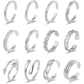 Ofeiyaa 12PCS 18k Gold Plated Open Toe Rings CZ Wave Twist Arrow Celtic Knot Flower Heart Thin Band Ring Minimalist Vintage Retro Knuckle Finger Stacking Tail Ring Pack Summer Beach Foot Jewelry Set For Women Adjustable Gold Sliver Tone