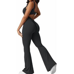 Wenlia Women Sleeveless Flare Jumpsuits Sexy Padded Backless Tank Tops Bodycon Scrunch Butt V Back Yoga Bodysuit Rompers