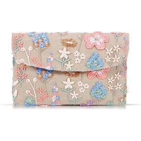 Envelope Package, Clutch Purses for Women, Embroidered Flowers Straw Bag, Bohemian Handmade Handbags, Beach Bag for Vacation, Travel, Banquet (Beige)