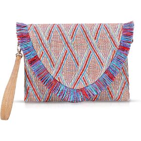 Straw Clutch Purses, Straw Beach Bag for Women, Bohemian Handmade Woven Handbags, Tassels Summer Beach Bag Vacation, Travel（Red）