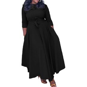 SEMATOMALA Women's A Line Self Tie Waist Maxi Dress Round Neck 3/4 Sleeve High Waist Plus Size Swing Flare Long Dresses