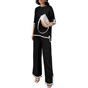 PRETTYGARDEN Women's Summer 2 Piece Outfits Casual Short Sleeve Knit Sweater Tops Wide Leg Pants Lounge Sets Tracksuits in Kuwait