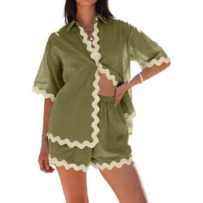 Danedvi Womens 2 Piece Outfits Beach Vacation Summer Short Sleeve Button Down Shirts and Shorts Lounge Sets