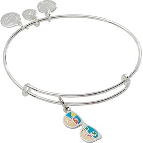 Alex and Ani Color Infusion Sunglasses Expandable Wire Bangle, Shiny Silver Finish, Green Charm, 2 inches to 3.5 inches