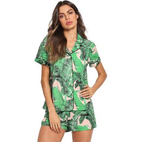 Floerns Women's Notch Collar Print Sleepwear Two Piece Pajama Set