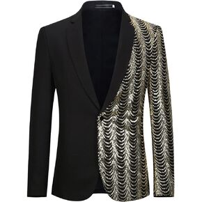 Men Green Blue Gold Leaves Pattern Sequins Blazer