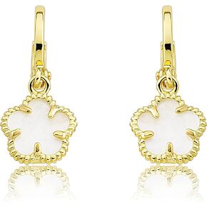 Little Miss Twin Stars Girls Earrings - 14k Gold-Plated Dangle Mother Of Pearl Flower Huggy Earring - Hypoallergenic and Nickel Free For Sensitive Ears