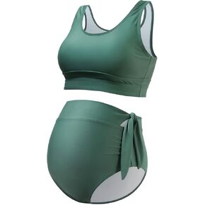 GINKANA Maternity Bikini Two Piece Tie Knot High Waisted Bikini Set Summer Maternity 2 Piece Swimsuit Racerback Bathing Suits