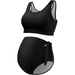 GINKANA Maternity Bikini Two Piece Tie Knot High Waisted Bikini Set Summer Maternity 2 Piece Swimsuit Racerback Bathing Suits