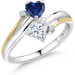 925 Silver and 10K Yellow Gold Blue Created Sapphire and Forever Classic Moissanite from Charles & Colvard 2 Promise Couple Engagement Mother Ring (1.02 Cttw)
