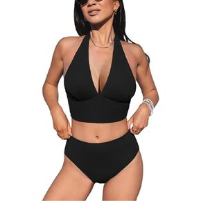 CUPSHE Women's Bikini Sets Two Piece Swimsuit High Waisted Halter Back Self Tie V Neck Backless