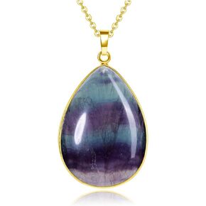 Jovivi Rainbow Fluorite Crystal Teardrop Pendant Necklace Natural Healing Stone Reiki Quartz Gemstone Necklace Jewelry for Women Men