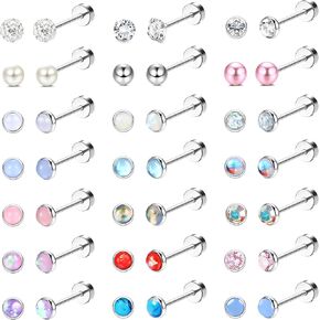 LOYALLOOK 21Pairs 20G Hypoallergenic Stud Earrings Set for Women Men 316L Stainless Steel Cartilage Flat Back Stud Earrings CZ Opal Screwback Earrings Studs Piercing Jewelry Multicolored
