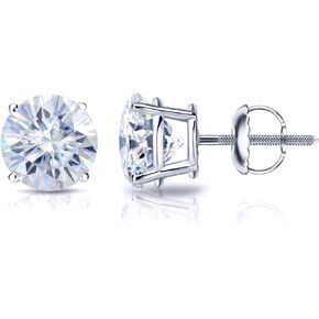 Platinum Round Moissanite Stud Earrings (1 to 7ct TGW, G-H) 4-Prong Set, Screw-Back by Diamond Wish