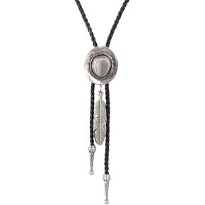 LIANCHI Western Black Bolo Tie for Men and Women Feather Hat Pendant,Native American Leather Bolo Tie String
