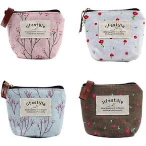 4Pcs Mini Coin Purse for Women Flower Canvas Small Pouches with zipper Coin Purse Wallet Purse Holder for Women Girls (Random Color)