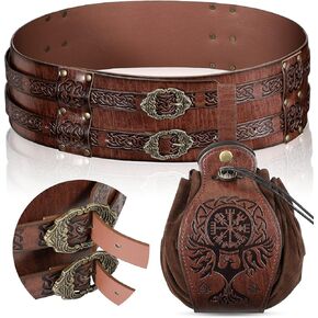 2 Pcs Medieval Viking Belt Leather Belt Pouch Renaissance Leather Belt Medieval Bag Pirate Belt Viking Cosplay Accessories