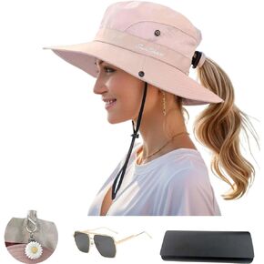 Sun Hat for Women with Sunglasses and Hat Clip, Summer UV Protection Wide Brim Ponytail Beach Bucket Hats