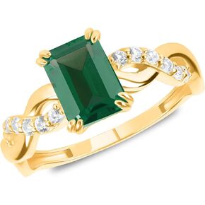 MAX + STONE 10k Solid Gold Emerald Cut Gemstone Ring for Women with Twisted Band | Birthstone Rings with White Sapphire Accent Stones | Hypoallergenic Statement Cocktail Rings in Sizes 6 to 8