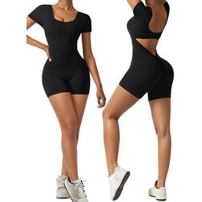 OEAK Short Sleeve Jumpsuit Workout for Women Square Neck One Piece Backless Tummy Control Bodycon Scrunch Butt Yoga Rompers