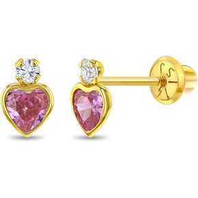 14k Yellow Gold Clear & Pink Cubic Zirconia Heart Screw Back Earrings for Girls- Princess Jewel Stud Earrings with Safety Screw Back Locking for Children - Shiny Studs for Infants to Little Girls