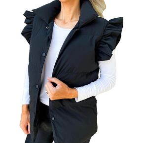 Women's Ruffle Butterfly Sleeve Puffer Vest Casual Winter Warm Lightweight Stand Collar Down Jacket Coats