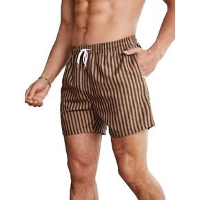 Men's Striped Print Swim Trunks Drawstring Waist Pockets Quick Dry Shorts with Liner