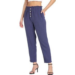 سروال نسائي من الكتان قصير بخصر مطاطي وأزرار مع جيوب in Kuwait