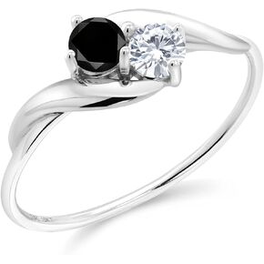 Gem Stone King 10K White Gold Black Diamond and White Moissanite 2-Stone Engagement Ring For Women (0.33 Cttw, Round 3.5MM, Available In Size 5, 6, 7, 8, 9)