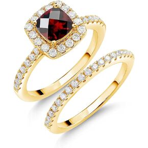 Gem Stone King 18K Yellow Gold Plated Silver Wedding Engagement Ring Band Bridal Cushion Checkerboard Red Garnet and Moissanite (1.47 Cttw)