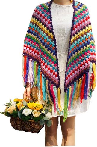 Handmade Women's Crochet colourful Oversize Tassel Shawl Scarf Granny Womens Coat Sweater 86x39in in Kuwait